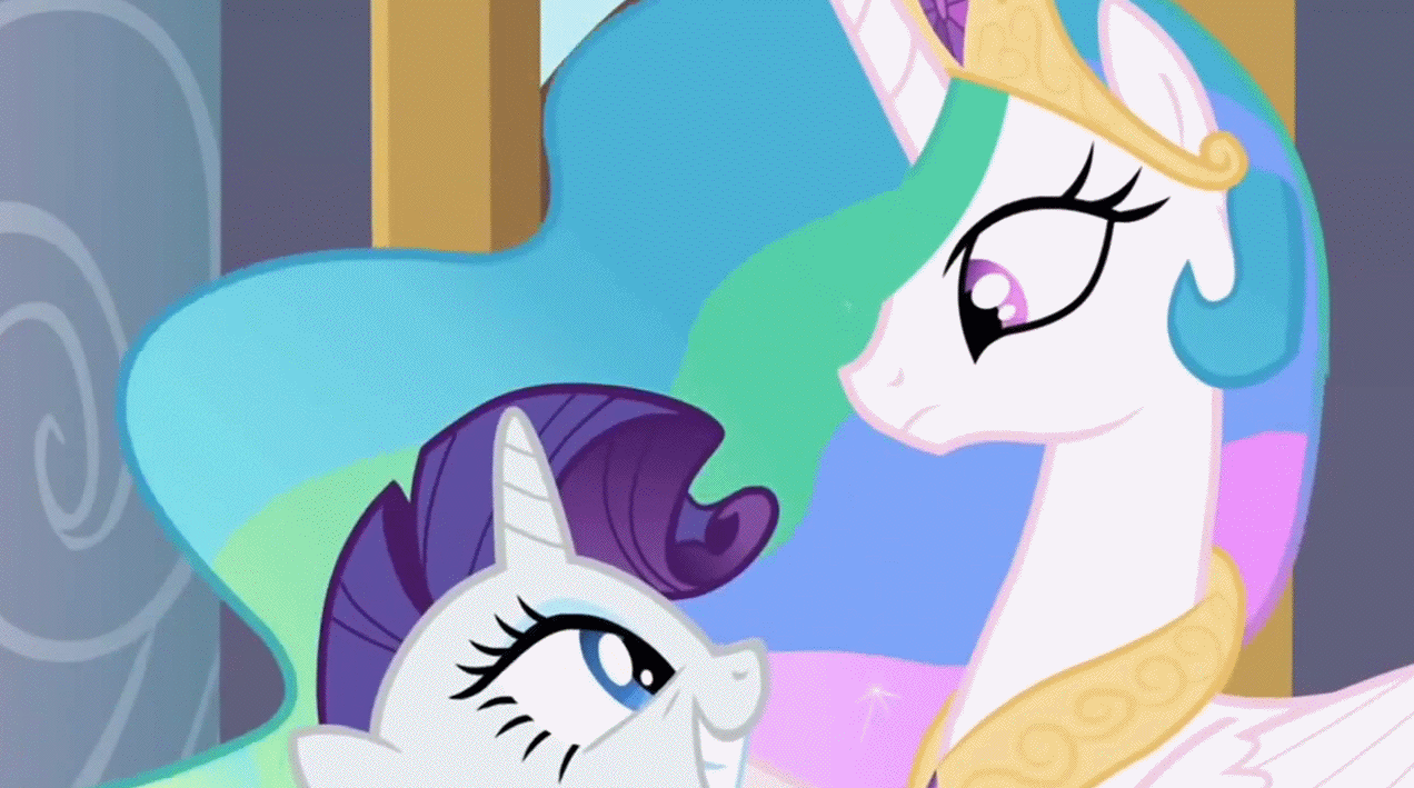 Size: 1272x709 | Tagged: safe, screencap, character:princess celestia, character:rarity, episode:sweet and elite, g4, my little pony: friendship is magic, animated, blinking, crown, horn, jewelry, mane, out of context, peytral, regalia, smiling, smirk, wings
