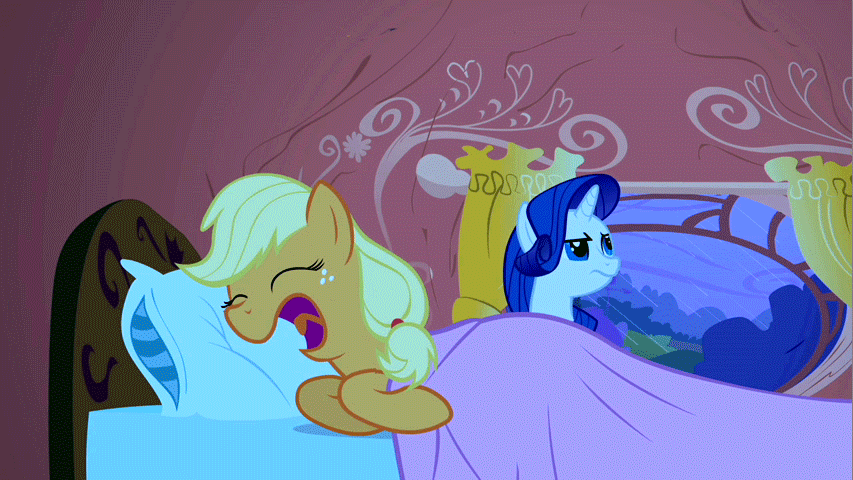 Size: 853x480 | Tagged: safe, screencap, character:applejack, character:rarity, episode:look before you sleep, g4, my little pony: friendship is magic, animated, bed, duo, gif, loop, snoring