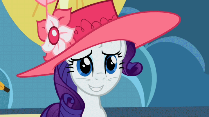 Size: 720x405 | Tagged: safe, screencap, character:rarity, episode:sweet and elite, g4, my little pony: friendship is magic, animated, bad poker face, clothing, hat, nervous