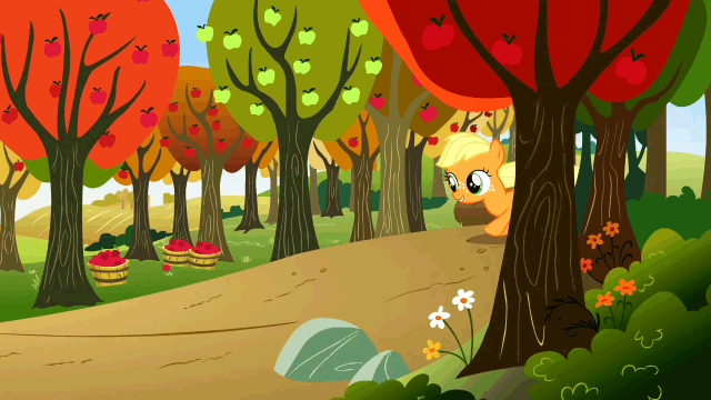 Size: 640x360 | Tagged: safe, screencap, character:applejack, species:earth pony, species:pony, episode:the cutie mark chronicles, g4, my little pony: friendship is magic, animated, apple orchard, apple tree, blank flank, cute, female, filly, filly applejack, freckles, jackabetes, open mouth, orchard, running, scenery, sweet apple acres, tree, younger