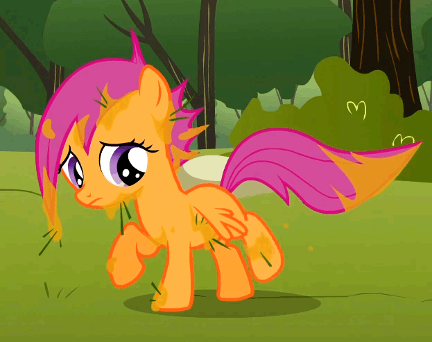 Size: 623x493 | Tagged: safe, screencap, character:scootaloo, species:pegasus, species:pony, episode:the cutie mark chronicles, g4, my little pony: friendship is magic, animated, cropped, cute, cutealoo, dirty, kicking, loop, messy mane, solo, tree sap, tree sap and pine needles