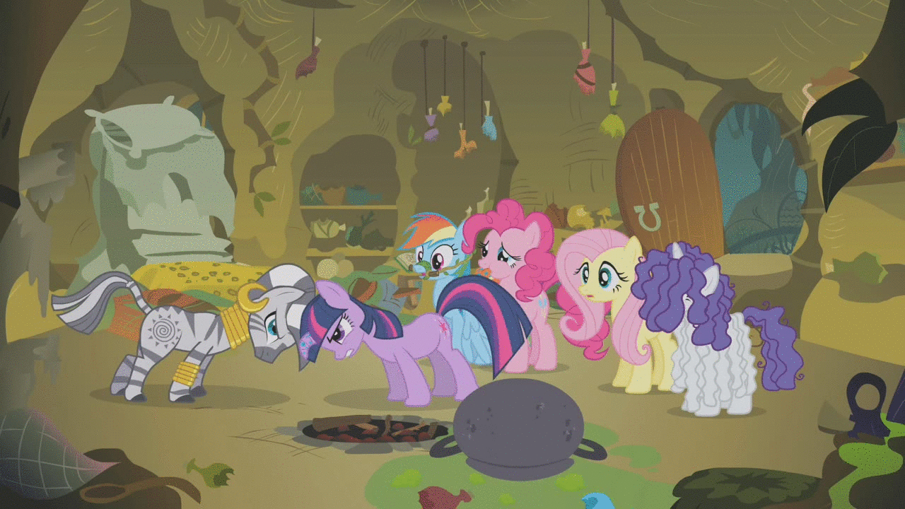 Size: 1280x720 | Tagged: safe, screencap, character:applejack, character:fluttershy, character:pinkie pie, character:rainbow dash, character:rarity, character:twilight sparkle, character:zecora, species:zebra, episode:bridle gossip, g4, my little pony: friendship is magic, animated, flutterguy, hairity, loop, mane six, rainbow crash, spitty pie, twilight flopple, zecora's hut