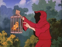 Size: 720x540 | Tagged: safe, screencap, species:bird, species:human, episode:somnambula, g1, my little pony 'n friends, cage, canary, hooded, kyrie, robe, somnambula (g1)