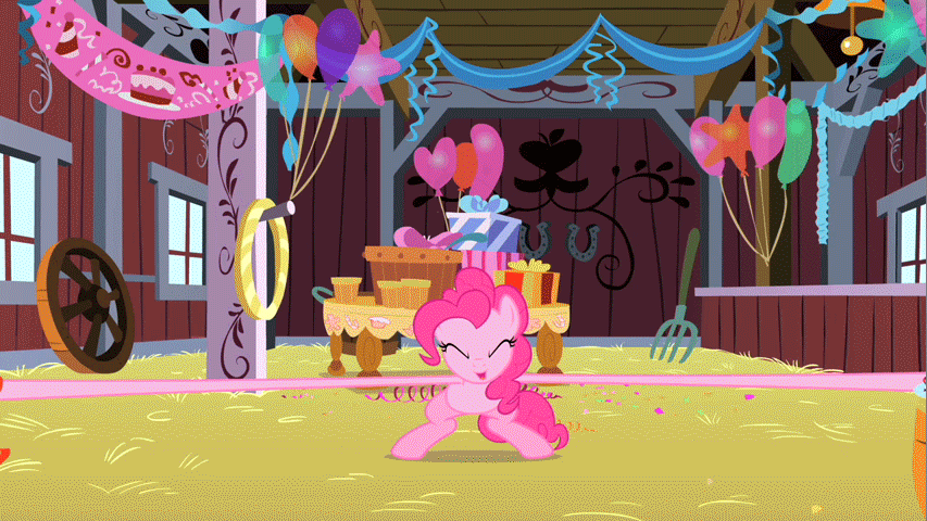 Size: 853x480 | Tagged: safe, screencap, character:applejack, character:fluttershy, character:pinkie pie, character:rainbow dash, character:rarity, character:twilight sparkle, episode:party of one, g4, my little pony: friendship is magic, animated, balloon, barn, bipedal, cartoon physics, clothing, decoration, group hug, hat, hug, mane six, party hat