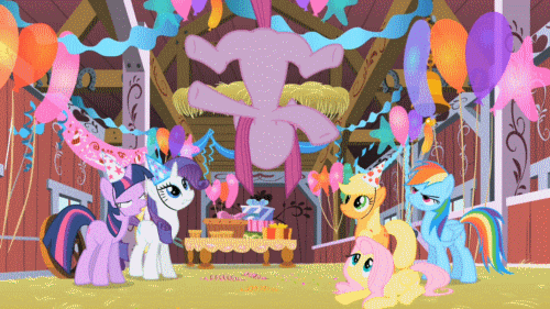 Size: 500x281 | Tagged: safe, screencap, character:applejack, character:fluttershy, character:pinkamena diane pie, character:pinkie pie, character:rainbow dash, character:rarity, character:twilight sparkle, episode:party of one, g4, my little pony: friendship is magic, animated, balloon, clothing, decoration, flailing, hat, mane six, party hat, present