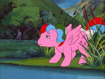 Size: 359x270 | Tagged: safe, screencap, character:whizzer, species:pegasus, species:pony, species:twinkle eyed pony, episode:fugitive flowers, g1, my little pony 'n friends, animated, female, florie, mare, moon, moonlight, night, nightmare fuel, river, silhouette, you know for kids