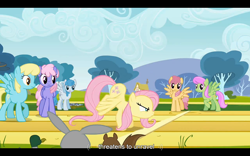 Size: 1024x640 | Tagged: safe, screencap, character:dizzy twister, character:fluttershy, character:merry may, character:orange swirl, character:rainbowshine, character:sassaflash, character:white lightning, species:duck, species:pegasus, species:pony, species:rabbit, episode:hurricane fluttershy, g4, my little pony: friendship is magic, female, mare, squirrel, youtube caption