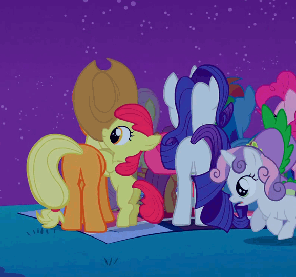 Size: 578x540 | Tagged: safe, screencap, character:apple bloom, character:applejack, character:fluttershy, character:pinkie pie, character:rainbow dash, character:rarity, character:spike, character:sweetie belle, species:dragon, species:earth pony, species:pegasus, species:pony, species:unicorn, episode:owl's well that ends well, g4, my little pony: friendship is magic, adorabloom, animated, bow, butt touch, climbing, cropped, cute, diasweetes, female, filly, hair bow, hoof on butt, male, mare, open mouth, pile, plot, pony pile, sisters, smiling, stargazing, tower of pony