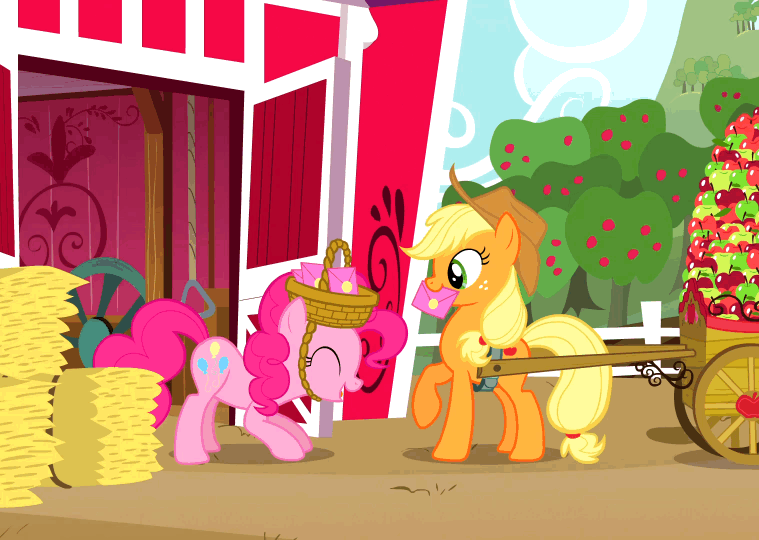 Size: 759x540 | Tagged: safe, screencap, character:applejack, character:pinkie pie, episode:party of one, g4, my little pony: friendship is magic, animated, basket hat, clothing, hat, hoofy-kicks, hyperactive, jumping, pronking