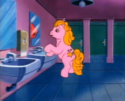 Size: 434x351 | Tagged: safe, screencap, character:starlight (g1), episode:an apple for starlight, g1, my little pony tales, altered reflection, bathroom, mirror