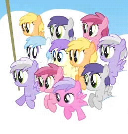 Size: 258x269 | Tagged: safe, screencap, character:alula, character:cotton cloudy, character:cupid, character:mango dash, character:pinkie feather, character:pluto, character:sweet pop, character:tornado bolt, species:pony, episode:the cutie mark chronicles, g4, my little pony: friendship is magic, animated, background pony, cheering, cropped, cupid (character), duplicate, duplication, facial expressions, filly, huehuehue, mango dash, off model, pinkie feather, sweet pop, when you see it
