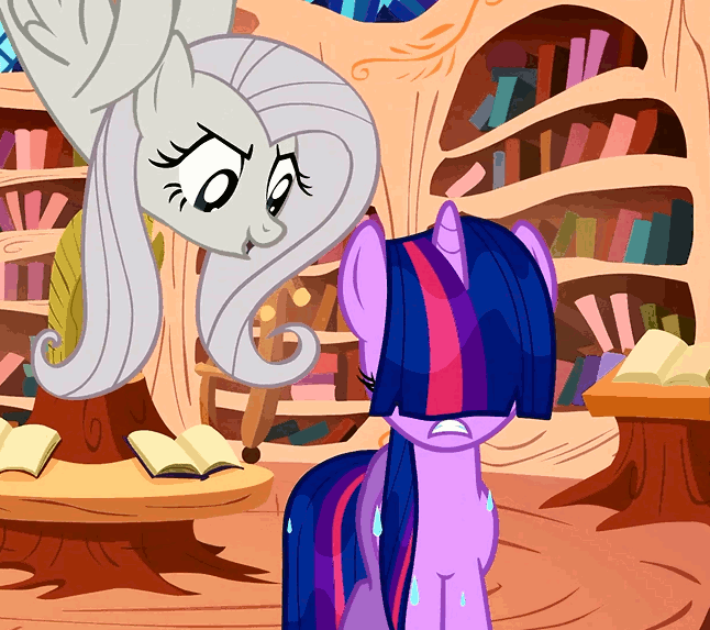 Size: 646x573 | Tagged: safe, screencap, character:fluttershy, character:twilight sparkle, character:twilight sparkle (unicorn), species:pony, species:unicorn, episode:the return of harmony, g4, my little pony: friendship is magic, animated, bangs, book, bucket, cruel, discorded, duo, evil grin, flutterbitch, frown, golden oaks library, hair over eyes, headbucket, library, unamused, water, wet, wet mane, your face