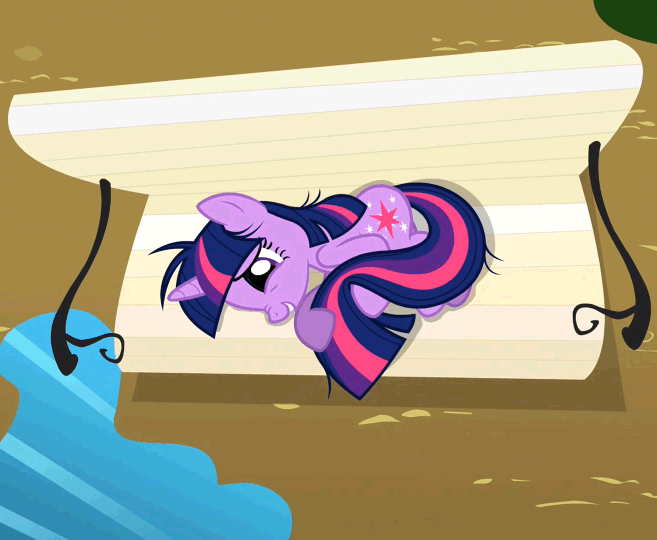 Size: 657x540 | Tagged: safe, screencap, character:twilight sparkle, episode:lesson zero, g4, my little pony: friendship is magic, adorkable, animated, bench, breakdown, cropped, cute, dork, insanity, overhead view, puddle, side, smiling, solo, talking, twilight snapple, twilighting, worried