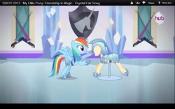 Size: 1280x800 | Tagged: safe, screencap, character:rainbow dash, episode:the crystal empire, g4, my little pony: friendship is magic, animation error, armor, bipedal, bipedal leaning, hub logo, jousting, leaning, mannequin, no ears, san diego comic con, sdcc 2012, season 3, solo, the ballad of the crystal empire, youtube