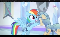 Size: 1280x800 | Tagged: safe, screencap, character:rainbow dash, episode:the crystal empire, g4, my little pony: friendship is magic, armor, bipedal, hub logo, jousting, mannequin, san diego comic con, sdcc 2012, solo, youtube