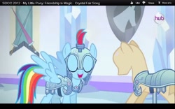 Size: 1280x800 | Tagged: safe, screencap, character:rainbow dash, episode:the crystal empire, g4, my little pony: friendship is magic, armor, hub logo, jousting, mannequin, san diego comic con, sdcc 2012, season 3, youtube