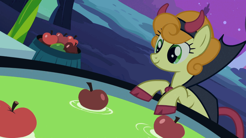 Size: 853x480 | Tagged: safe, screencap, character:carrot top, character:derpy hooves, character:golden harvest, species:pegasus, species:pony, episode:luna eclipsed, g4, my little pony: friendship is magic, animated, apple, apple bobbing, clothing, costume, devil costume, drain plug, female, food, mare, mouth hold, nightmare night costume, paper bag, paper bag wizard