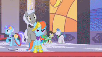 Size: 335x188 | Tagged: safe, artist:allitalianrejects, screencap, character:caesar, character:diamond mint, character:fine line, character:minuette, character:orion, character:rainbow dash, ship:caesardash, episode:the best night ever, g4, my little pony: friendship is magic, animated, bucking, rejection, shipping