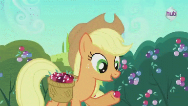 Size: 385x217 | Tagged: safe, screencap, character:applejack, species:earth pony, species:pony, episode:the crystal empire, g4, my little pony: friendship is magic, animated, basket, berries, crystal berries, eating, female, hub logo, mare, puffy cheeks, solo