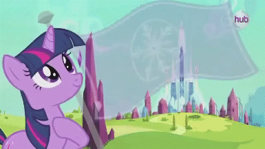 Size: 385x217 | Tagged: safe, screencap, character:twilight sparkle, character:twilight sparkle (unicorn), species:pony, species:unicorn, episode:the crystal empire, g4, my little pony: friendship is magic, animated, crystal empire, crystal empire flag, female, flag, hoof on chest, hub logo, loop, mare, solo, the ballad of the crystal empire