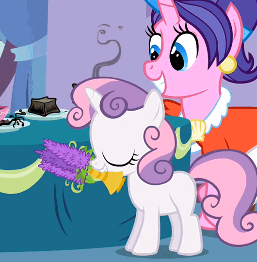 Size: 530x540 | Tagged: safe, screencap, character:cookie crumbles, character:hondo flanks, character:sweetie belle, ship:cookieflanks, episode:sisterhooves social, g4, my little pony: friendship is magic, animated, credits, cute, diasweetes, family, flower, lupin, petting, rarity's parents, rob renzetti, shipping, smoke