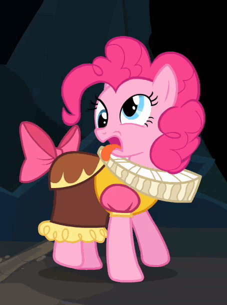 Size: 454x610 | Tagged: safe, screencap, character:pinkie pie, species:pony, episode:hearth's warming eve, g4, my little pony: friendship is magic, animated, bow, chancellor puddinghead, cute, derp, diapinkes, silly, silly pony, solo, tail bow, tongue out
