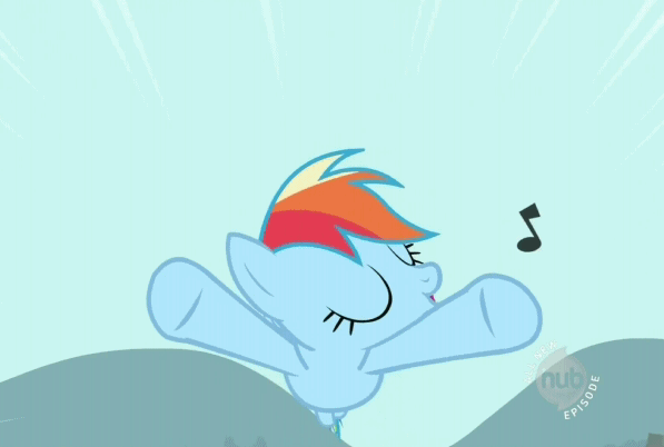 Size: 597x402 | Tagged: safe, screencap, character:rainbow dash, episode:may the best pet win, g4, my little pony: friendship is magic, animated, eyes closed, flying, hub logo, music notes, solo, whistling