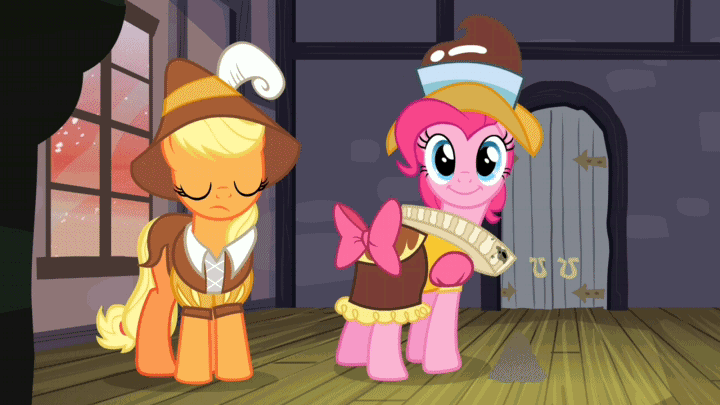 Size: 720x405 | Tagged: safe, screencap, character:applejack, character:pinkie pie, episode:hearth's warming eve, g4, my little pony: friendship is magic, animated, brilliant, brilliant face, chancellor puddinghead, faec, image macro, smart cookie, tenso, zoom