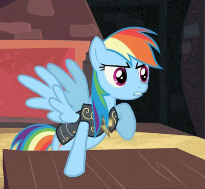 Size: 402x370 | Tagged: safe, screencap, character:rainbow dash, episode:hearth's warming eve, g4, my little pony: friendship is magic, animated, commander hurricane, horses doing horse things, loop, pounding, solo, table, tapping