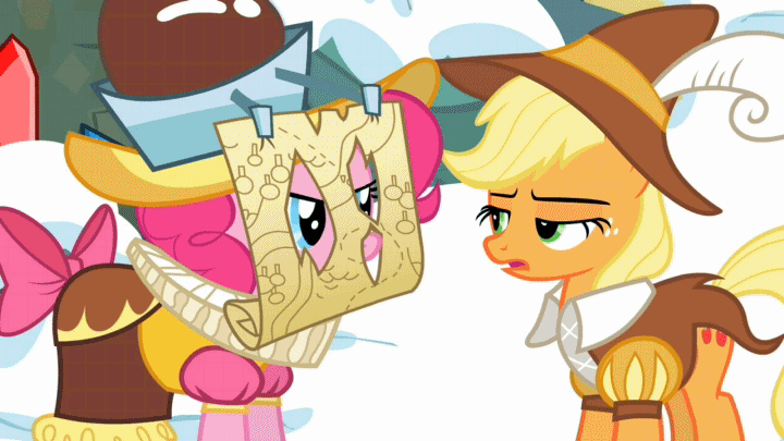 Size: 720x405 | Tagged: safe, screencap, character:applejack, character:pinkie pie, species:earth pony, species:pony, episode:hearth's warming eve, g4, my little pony: friendship is magic, animated, chancellor puddinghead, map, smart cookie, unamused