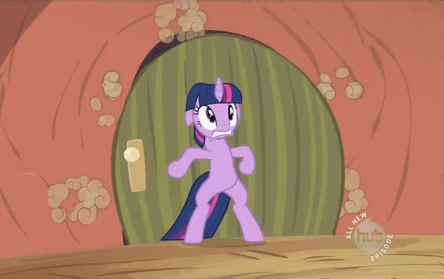 Size: 622x391 | Tagged: safe, screencap, character:twilight sparkle, character:twilight sparkle (unicorn), species:pony, species:unicorn, episode:secret of my excess, g4, my little pony: friendship is magic, animated, bashing, door, female, hub logo, loop, mare, solo, struggling