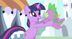 Size: 640x349 | Tagged: safe, screencap, character:spike, character:twilight sparkle, character:twilight sparkle (unicorn), species:pony, species:unicorn, episode:the crystal empire, g4, my little pony: friendship is magic, crystal empire, hub logo, song, the failure song