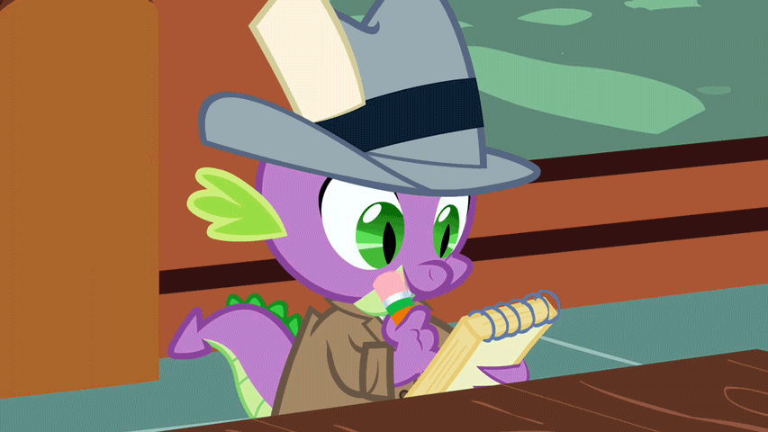 Size: 853x480 | Tagged: safe, screencap, character:spike, episode:the mysterious mare do well, g4, my little pony: friendship is magic, animated, clothing, ghost writer, hat, journalist, notebook, solo, trenchcoat, writing