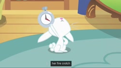 Size: 1023x576 | Tagged: safe, screencap, character:angel bunny, episode:a bird in the hoof, g4, my little pony: friendship is magic, meme, pocket watch, solo, stopwatch, watch, youtube caption