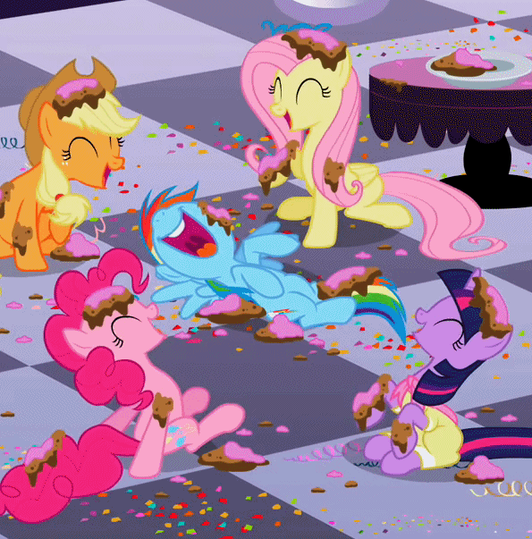 Size: 595x603 | Tagged: safe, screencap, character:applejack, character:fluttershy, character:pinkie pie, character:rainbow dash, character:twilight sparkle, episode:sweet and elite, g4, my little pony: friendship is magic, animated, birthday dress, cake, clothing, confetti, cropped, cute, dress, laughing, laughingmares.jpg, loop, messy, nose in the air, party