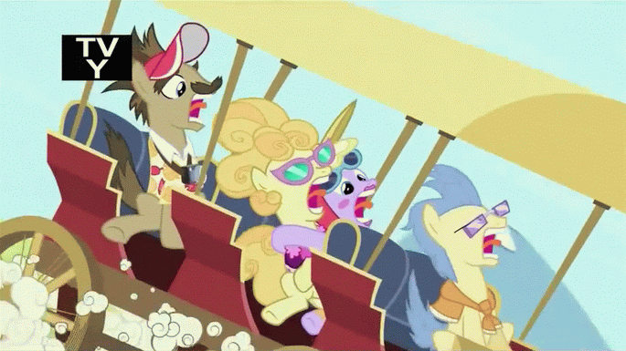 Size: 685x385 | Tagged: safe, screencap, episode:the mysterious mare do well, g4, my little pony: friendship is magic, animated, carriage, cart, globe trotter, lemon chiffon, screaming, tongue out, tourist, tv rating, winter wisp