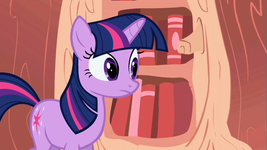 Size: 853x480 | Tagged: safe, screencap, character:twilight sparkle, character:twilight sparkle (unicorn), species:pony, species:unicorn, episode:boast busters, g4, my little pony: friendship is magic, animated, blushing, bookshelf, cute, female, golden oaks library, mare, smiling, solo