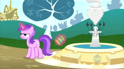 Size: 480x268 | Tagged: safe, screencap, character:amethyst star, character:sparkler, episode:the mysterious mare do well, g4, my little pony: friendship is magic, animated, annoyed, fountain, frown, hub logo, loop, peanut butter, solo
