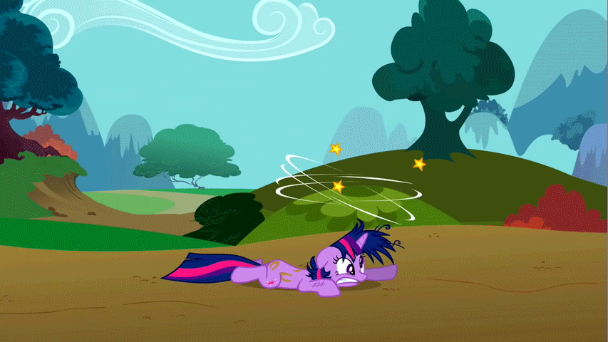 Size: 853x480 | Tagged: safe, screencap, character:twilight sparkle, character:twilight sparkle (unicorn), species:pony, species:unicorn, episode:lesson zero, g4, my little pony: friendship is magic, animated, circling stars, dizzy, female, hoofprints, mare, messy mane, prone, solo