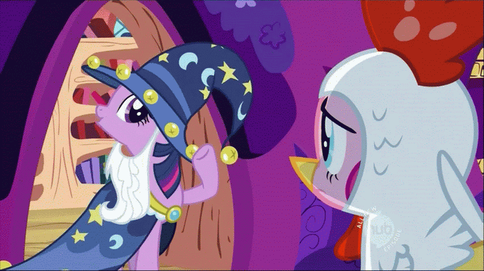 Size: 691x387 | Tagged: safe, screencap, character:pinkie pie, character:twilight sparkle, episode:luna eclipsed, g4, my little pony: friendship is magic, animal costume, animated, chicken pie, chicken suit, clothing, costume, duo, nightmare night costume, star swirl the bearded costume