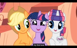 Size: 500x313 | Tagged: safe, screencap, character:applejack, character:rarity, character:twilight sparkle, species:pony, ship:rarilight, ship:twijack, c:, cute, female, happy, implied shipping, lesbian, meme, open mouth, shipping, smiling, youtube caption