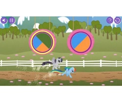 Size: 500x417 | Tagged: safe, official, screencap, character:rainbow dash, character:rarity, discorded, fence, game, glimmer wings, leapfrog, video game