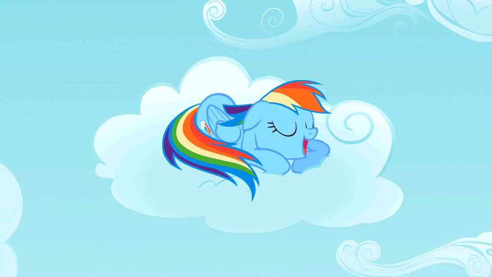 Size: 960x540 | Tagged: safe, screencap, character:rainbow dash, species:pegasus, species:pony, episode:the cutie pox, g4, my little pony: friendship is magic, animated, cloud, cloud sculpting, cloudy, cute, cutie mark, cylinder, dashabetes, eyes closed, female, floppy ears, gif, hoop, hooves, improbable aiming skills, loop-de-hoop, lying on a cloud, mare, on a cloud, open mouth, prone, sleeping, sleepydash, smiling, snoring, solo, wings