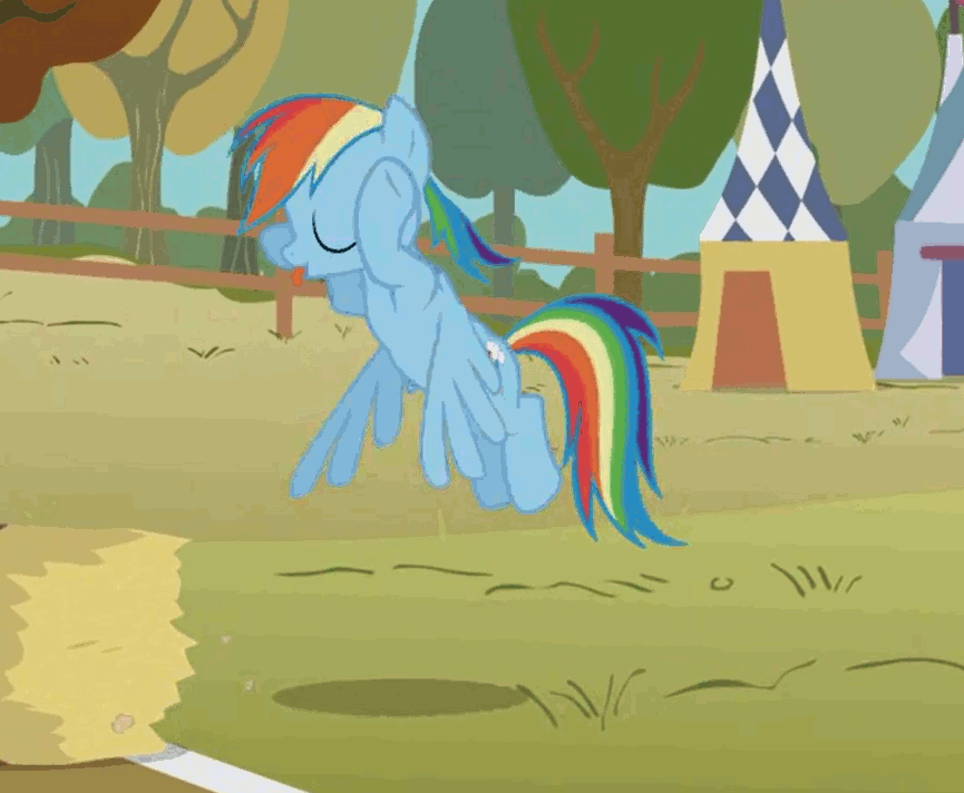 Size: 865x712 | Tagged: safe, screencap, character:rainbow dash, episode:fall weather friends, g4, my little pony: friendship is magic, animated, animation error, flattened, hay, hay bale, karma, raspberry, solo, taunt, tongue out