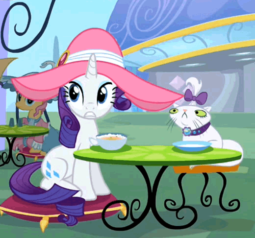 Size: 520x486 | Tagged: safe, screencap, character:opalescence, character:rarity, episode:sweet and elite, g4, my little pony: friendship is magic, animated, cafe, clothing, coffee, cropped, cup, duo focus, hat, loop, table, thousand yard stare