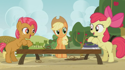 Size: 1280x720 | Tagged: safe, screencap, character:apple bloom, character:applejack, character:babs seed, episode:apple family reunion, g4, my little pony: friendship is magic, animation error, carpentry, tree