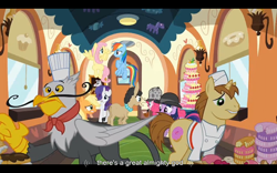 Size: 1024x640 | Tagged: safe, screencap, character:applejack, character:donut joe, character:fluttershy, character:gustave le grande, character:pinkie pie, character:rainbow dash, character:rarity, character:twilight sparkle, species:griffon, episode:mmmystery on the friendship express, g4, my little pony: friendship is magic, god, gustave le grande, mulia mild, youtube caption