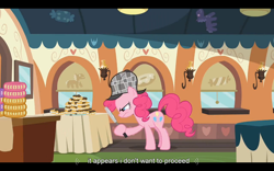 Size: 1024x640 | Tagged: safe, screencap, character:pinkie pie, species:earth pony, species:pony, episode:mmmystery on the friendship express, g4, my little pony: friendship is magic, clothing, deerstalker, female, hat, magnifying glass, mare, solo, youtube caption