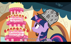Size: 1024x640 | Tagged: safe, screencap, character:twilight sparkle, species:pony, species:unicorn, episode:mmmystery on the friendship express, g4, my little pony: friendship is magic, cake, clothing, deerstalker, female, food, hat, mare, solo, youtube caption