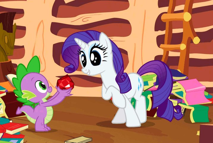 Size: 717x480 | Tagged: safe, screencap, character:rarity, character:spike, episode:secret of my excess, g4, my little pony: friendship is magic, animated, book, credits, fire ruby, gem, happy, ruby, smiling